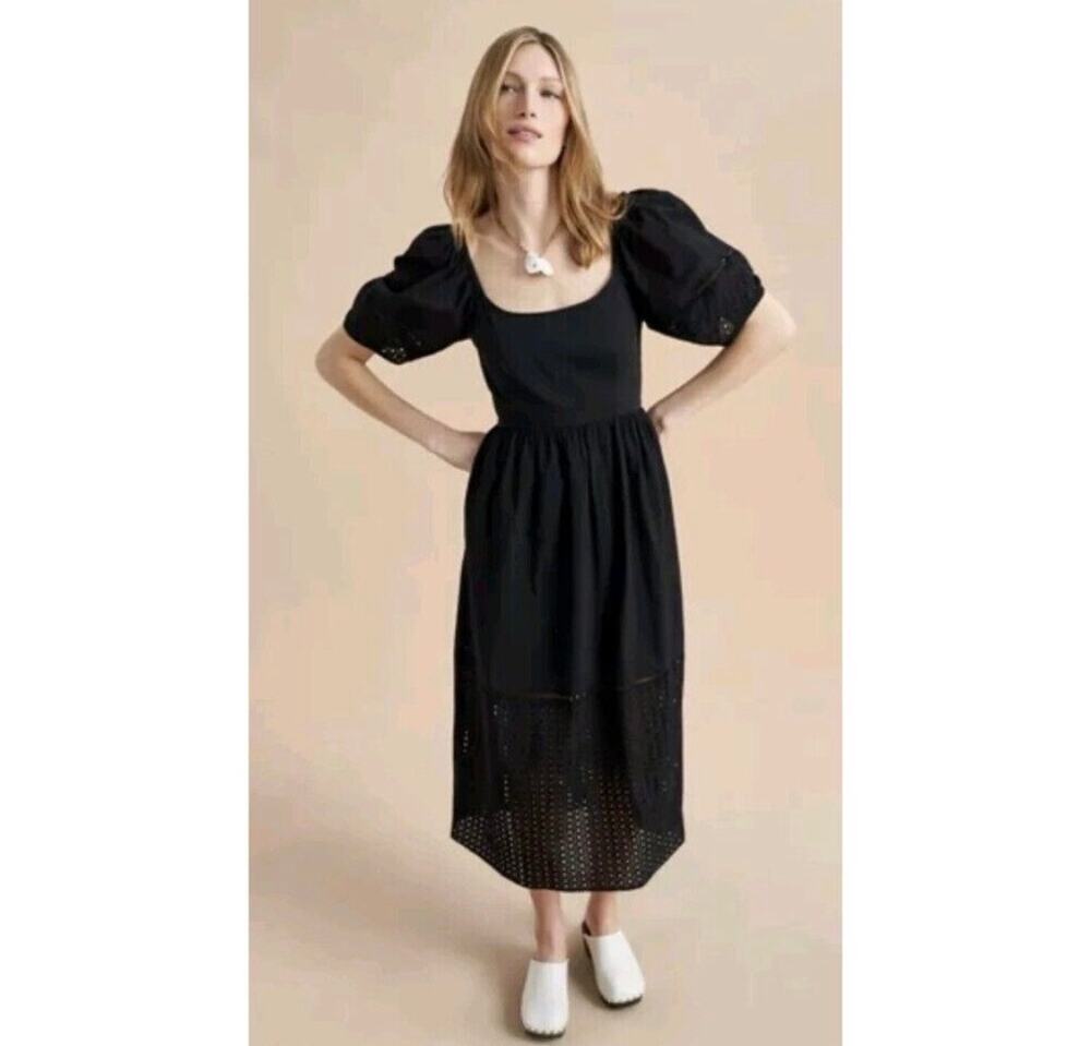 La Ligne Lulu Eyelet Midi Puff Sleeve Dress Size X Large Black